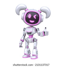 Cute pink girl robot giving thumbs up 3D rendering illustration isolated on white background