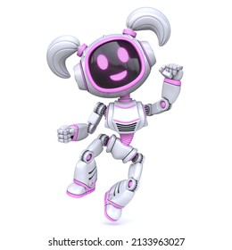 Cute pink girl robot happy jumping 3D rendering illustration isolated on white background