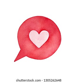 Cute pink heart in round bright speech bubble shape. Symbol of compliment, romance, "I love you" words. Handdrawn watercolour painting, isolated clip art element for design, decor, creative collages.