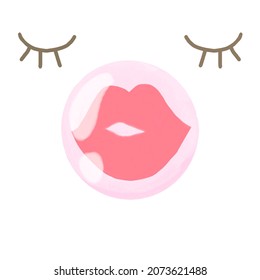 Cute Pink Lips Blowing Bubblegum Illustation