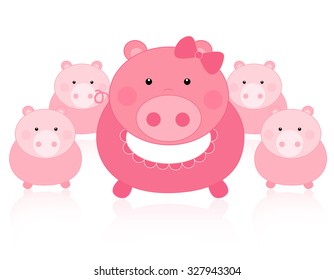 Cute Pink Pig Mom And Its Kids Illustration Isolated On White Background