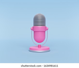 cute pink Retro microphone isolated on pastel blue background. minimal style. 3d rendering