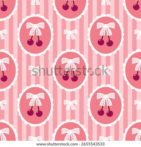 Cute pink seamless pattern with cherries in oval frames and white bows. Ideal for sweet, charming, and kawaii designs.