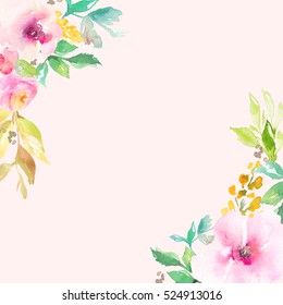 Cute, Pink Watercolor Flowers Corner Frame Background