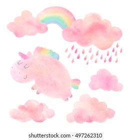 Cute pink watercolor unicorn and cloud with rain and rainbow. Set of watercolor objects isolated on white background for your design: textile, fabric, postcard, invitation.