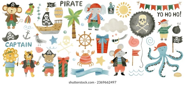 Cute pirate collection for kids. Watercolor set of animals in pirate costumes, tiger, elephant, monkey, mouse, hippopotamus, lion, bear, octopus, balloon, helm, pirate ship, birthday design elements. - Powered by Shutterstock