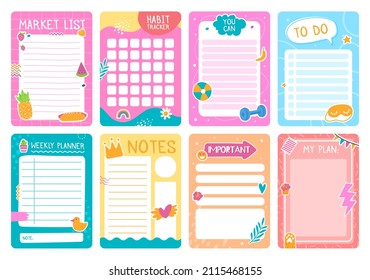 Cute planner pages with stickers, notebook or diary template. Weekly planner, to do list, habit tracker kids journal page design  set. Schedule, you can and plans checklist for print - Powered by Shutterstock