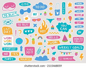 Cute planner stickers, diary or notebook trendy decor elements. Calendar reminders, quotes, daily or weekly planner doodle sticker  set. School and work badges for schedule organizer - Powered by Shutterstock