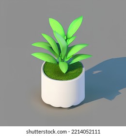 Cute Plant Pot 3D Rendering Isometric Low Popy