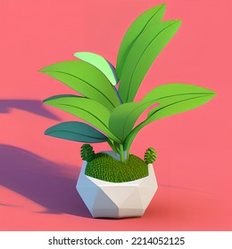 Cute Plant Pot 3D Rendering Isometric Low Popy