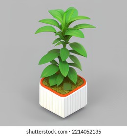 Cute Plant Pot 3D Rendering Isometric Low Popy