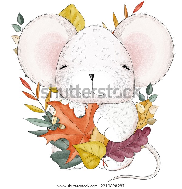 Cute plush fluffy baby mouse with different\
colorful autumn leaves. Little mouse and leaf fall. Cartoon lovely\
character. Digital illustration in watercolor style. Autumn\
greeting card.