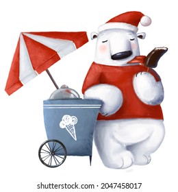 Cute Polar Bear With Ice Cream Cart, Watercolor Style Illustration, Funny Clipart With Cartoon Character Good For Card, Print And Holiday Design