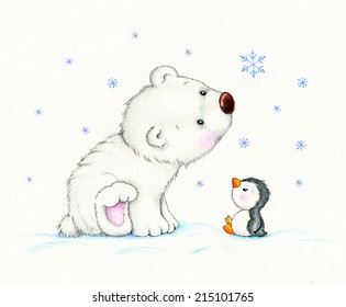 Cute Polar Bear And Penguin