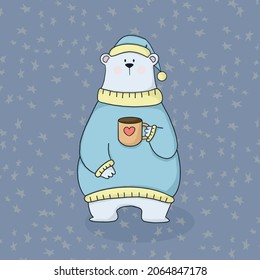 Cute Polar Bear In Plush Pajamas Goes To Drink Cocoa