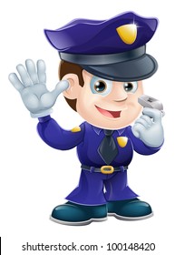 A Cute Police Man Character Holding A Whistle And Waving Or Doing A Stop Gesture