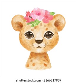 Cute Portrait Cheetah Head With Flowers In Cartoon Style. Drawing African Baby Wild Cat Face Isolated On White Background. Watercolor Sweet Leopard For Kids Poster And Card. Jungle Animal