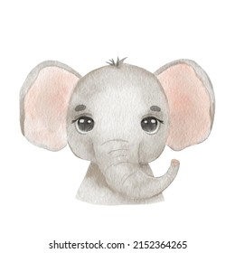 Cute Portrait Elephant Head In Cartoon Style. Drawing African Baby Wild Elephant Face Isolated On White Background. Watercolor Sweet Leopard For Kids Poster And Card.