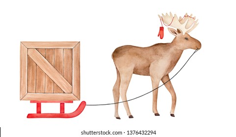 Cute Positive Moose Character Carrying Bright Red Sled With Huge Wood Box. Fun Illustration For Delivery Service. Hand Drawn Watercolour Graphic Paint, Cutout Clip Art Element For Design Decoration.