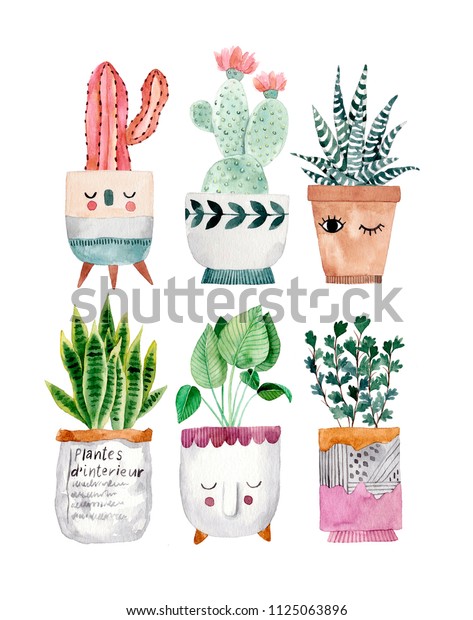 植物にかわいいポット 手描きの水彩イラスト のイラスト素材