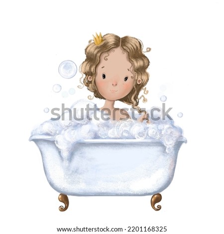 cute princess in bathroom, little girl bathing watercolor style illustration good for children's room sticker and wallpaper design