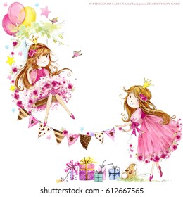 Cute Princess. Birthday Background. Greeting Card For Kids. Watercolor Illustration.