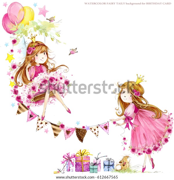 かわいいお姫様 誕生日の背景 子供用のグリーティングカード 水の色