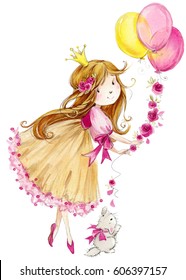 Cute Princess. Little Girl Watercolor Illustration