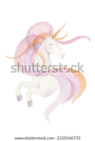 Cute princess unicorn. Pastel watercolor illustration for girls nursery, bedroom, party or clothes design
