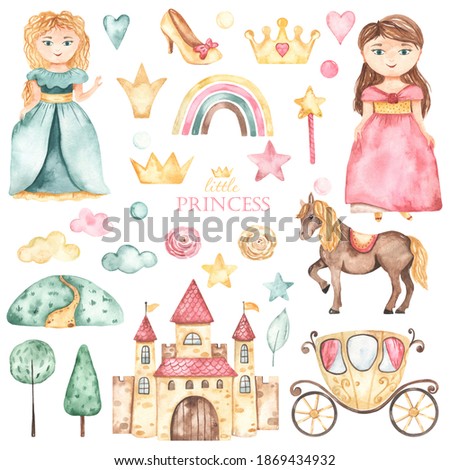 Cute princesses, castle, carriage, horse, shoes, crowns, flowers in pink and green. Watercolor hand drawn clipart