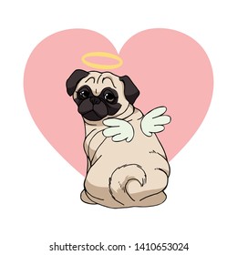 Cute pug with angel wings and nimbus and a pink heart on white background. Funny cartoon dog character. Raster copy