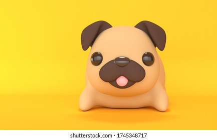 Cute pug toy with a pink tongue on a yellow background. Cartoon character. 3d rendering