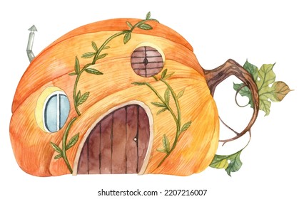 Cute Pumpkin House With Tiny Wooden Door And Round Windows. Squash Hut Overgrown With Mossy Lianas. Watercolor Hand Painted Illustration In High Resolution Isolated On White Background