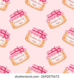 Cute Pumpkin Jam Jars Seamless Pattern - Pink Gingham Bow Autumn Preserve Digital Paper Background Fall Baking Design