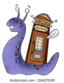 Cute Purple Snail With A Vintage Phone Booth