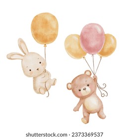 Cute rabbit and bear are flying in balloon. Watercolor bunny isolated on white - Powered by Shutterstock