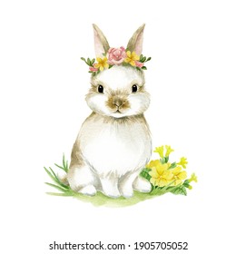 Cute rabbit drawn in watercolor. Illustration for Easter. Spring holidays.