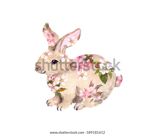 花をかわいいウサギ 水彩 のイラスト素材