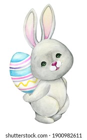 a cute rabbit is holding an Easter egg. A watercolor concept on an isolated background in a cartoon style.