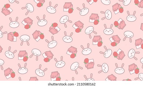 Cute Rabbit Kawaii Bunny Usagi Strawberry And Milk Pattern Pink Background Graphic Art Design
