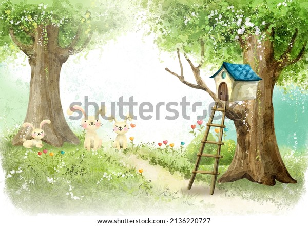 cute rabbits with a beautiful hut in woodland. For children's room wallpaper mural. 