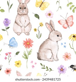 Cute rabbits and flowers seamless pattern. A watercolor Easter-themed print features bunnies, butterflies, and wildflowers. Nursery holiday design.