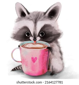 Cute Raccoon With Pink Big Coffee Cup