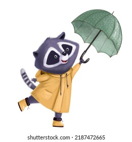 Cute Raccoon In Raincoat With Umbrella, Watercolor Illustration, Autumn Clipart With Cartoon Character Good For Card And Print Design