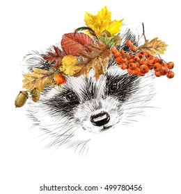 cute raccoon sketch illustration. autumn nature watercolor background