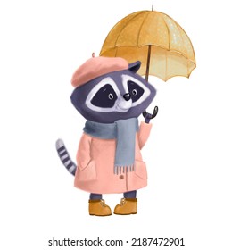 Cute Raccoon In Warm Coat With Umbrella, Watercolor Illustration, Autumn Clipart With Cartoon Character Good For Card And Print Design