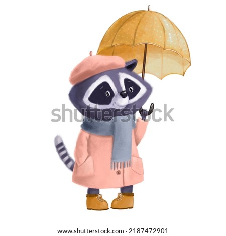 cute raccoon in warm coat with umbrella, watercolor illustration, autumn clipart with cartoon character good for card and print design