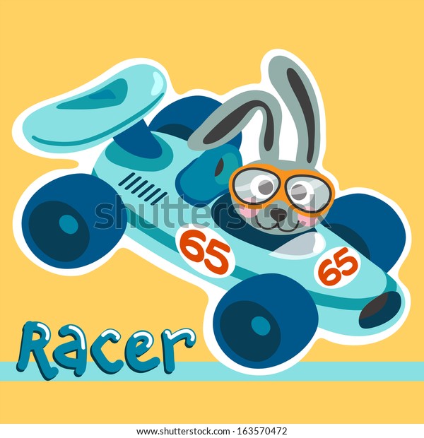 A\
Cute Race Car and a Rabbit illustration for baby\
style