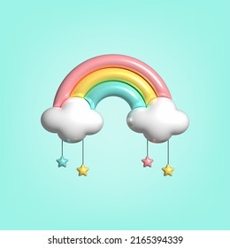 Cute Rainbow With Clouds 3d Render Cartoon Style. 