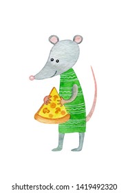 Cute Rat Eating Pizza. Watercolor Illustration Isolated On White. 